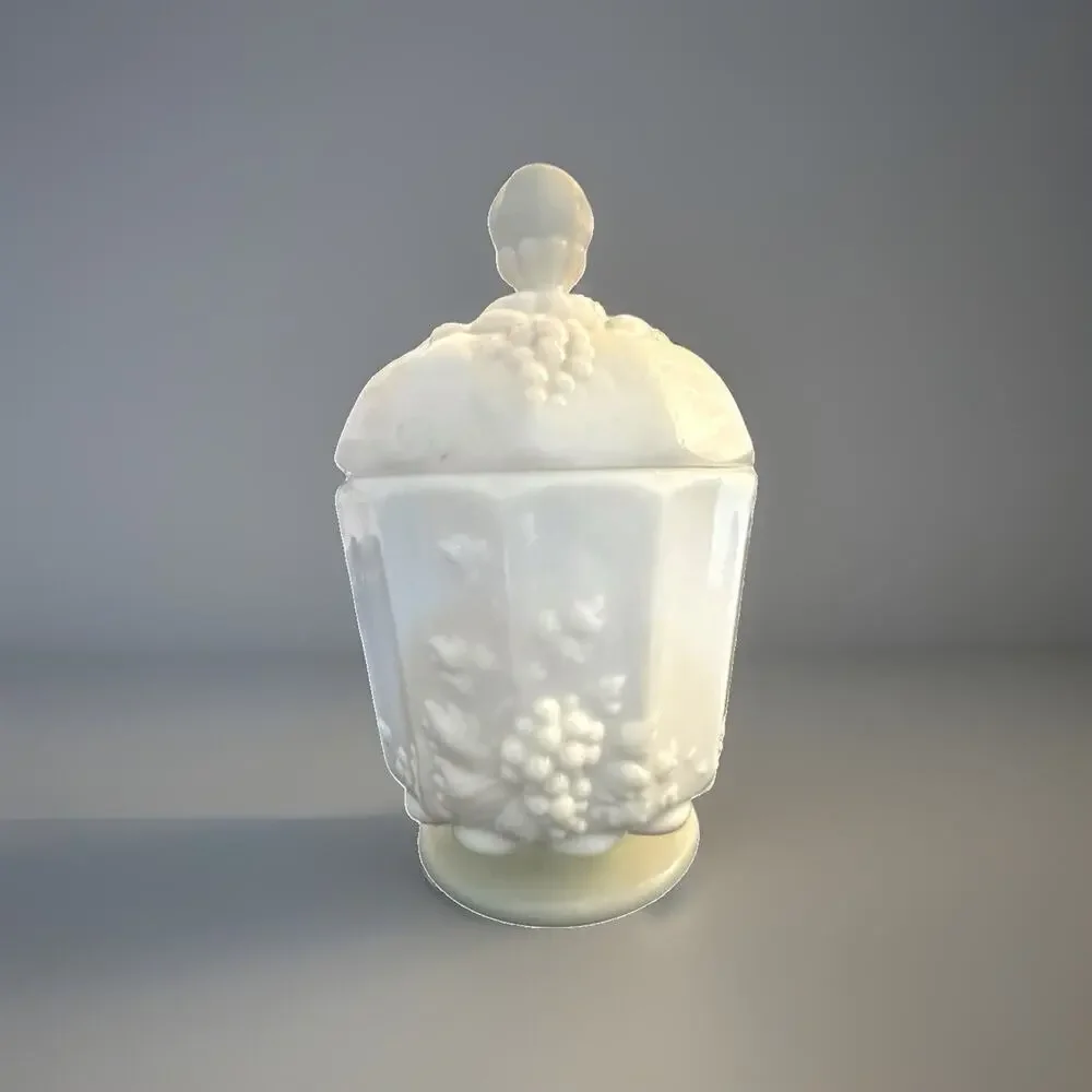 Vintage Westmoreland Grape Paneled Milk Glass Canister with Lid Candy Dish 6” T